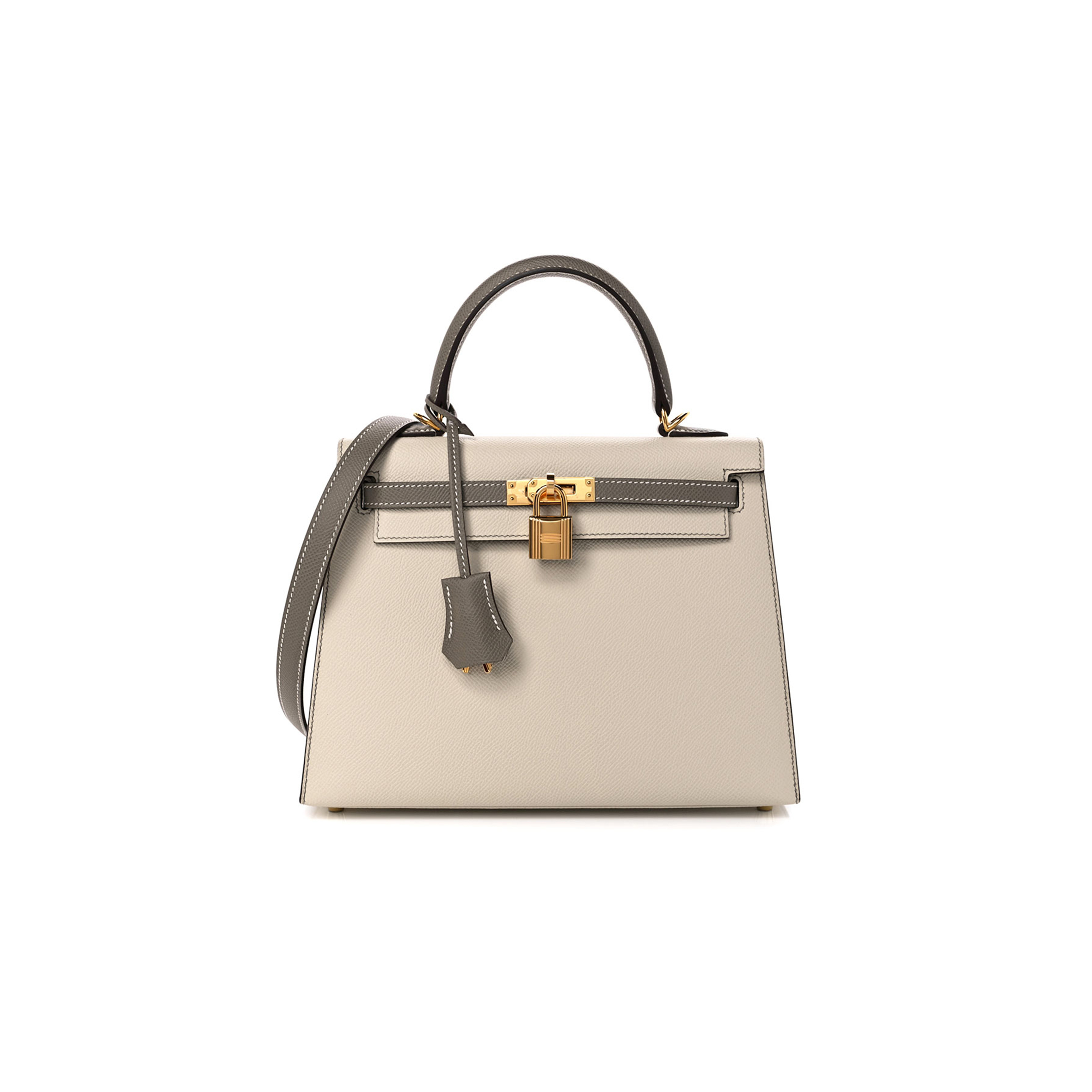 HERMÈS MASTER EPSOM KELLY 25 MILKSHAKE WHITE WITH ELEPHANT GRAY (25*17*7cm)